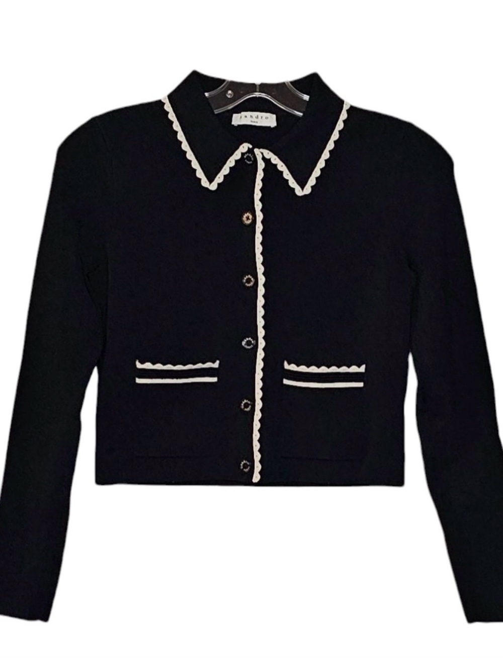 Sandro Black Knit Cardigan with Cream Trim